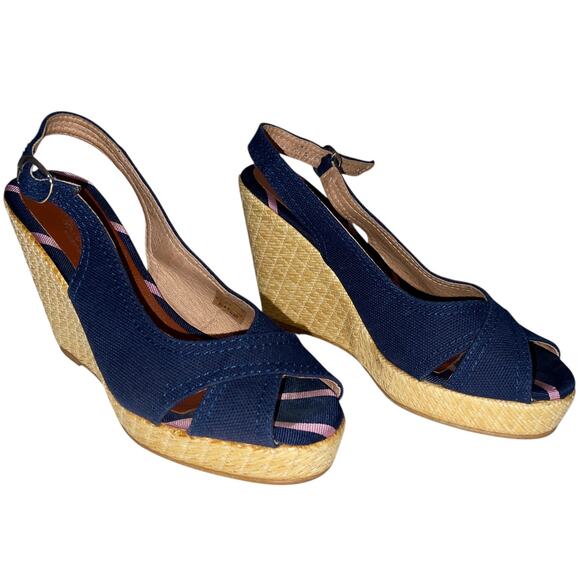 Brooks Brothers Navy & Pink Stripe Espadrille Wedge Heels SIZE 6.5 Made in Spain - Picture 1 of 11